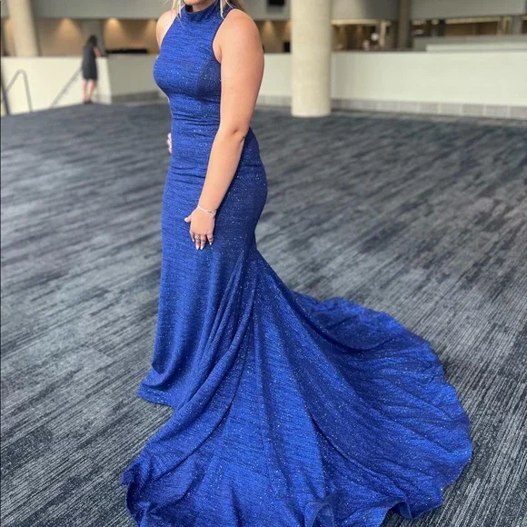 form fitting formal dresses V-Neck Long Sequin Prom Dress with Lace-Up Back Royal / 4 main image 1